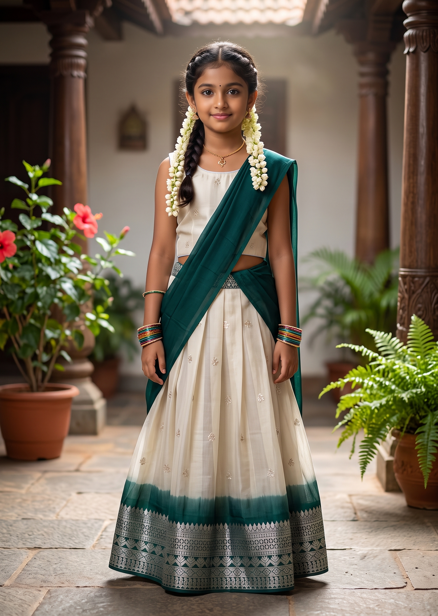 Southloom Stitched Organza Dhavani Set with Pavada and Blouse Piece in Green SLKDHAVANI