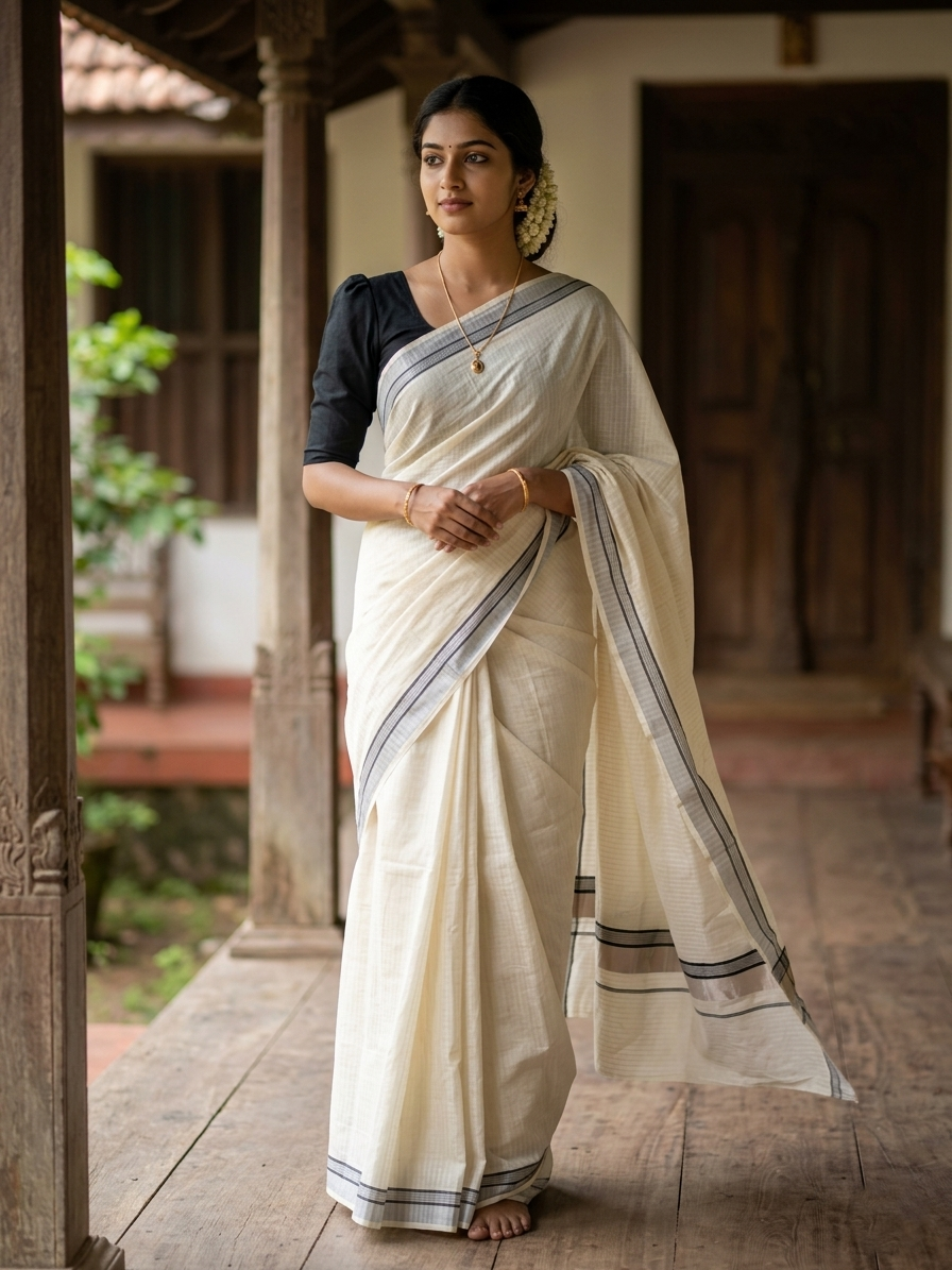 Southloom Pure Cotton Kerala Silver Kasavu Lines Saree with Black and Silver Border