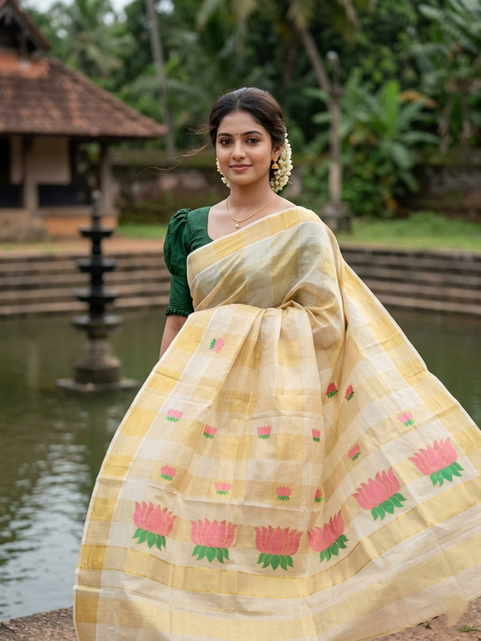 Southloom Lotus Baby Pink and Green Embroidery Check Tissue Saree