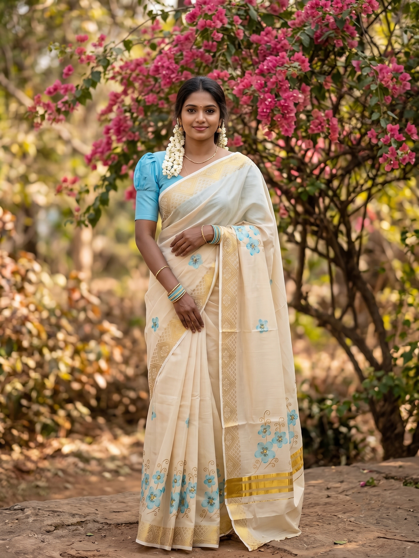 Southloom Kerala Tissue Kasavu Saree with Blue Floral Embroidery Work on Body