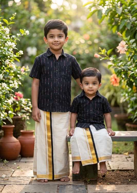 Southloom Tissue Black Ikat Printed Kids's Combo (Shirt + Velcro Mundu) SLKCOMBO SL602