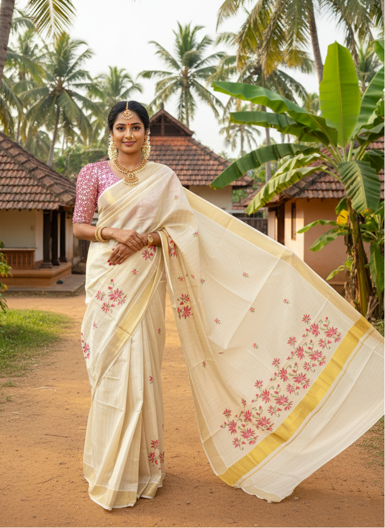 Southloom Tissue Kerala Kasavu Saree with Pink Floral Embroidery Work