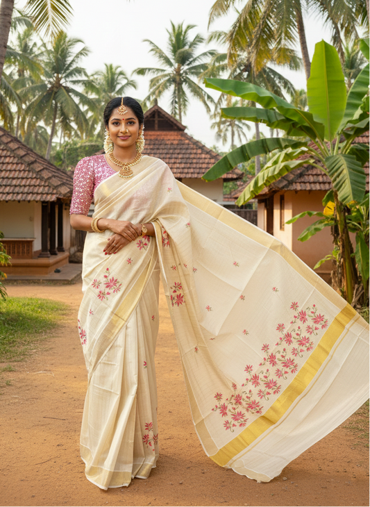 Southloom Tissue Kerala Kasavu Saree with Pink Floral Embroidery Work
