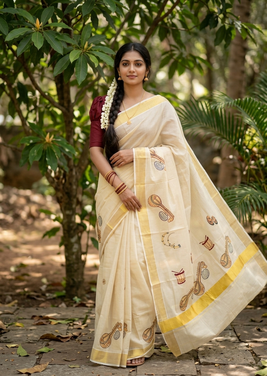 Southloom Kerala Tissue Maroon&Green Veena Embroidery Saree SL302