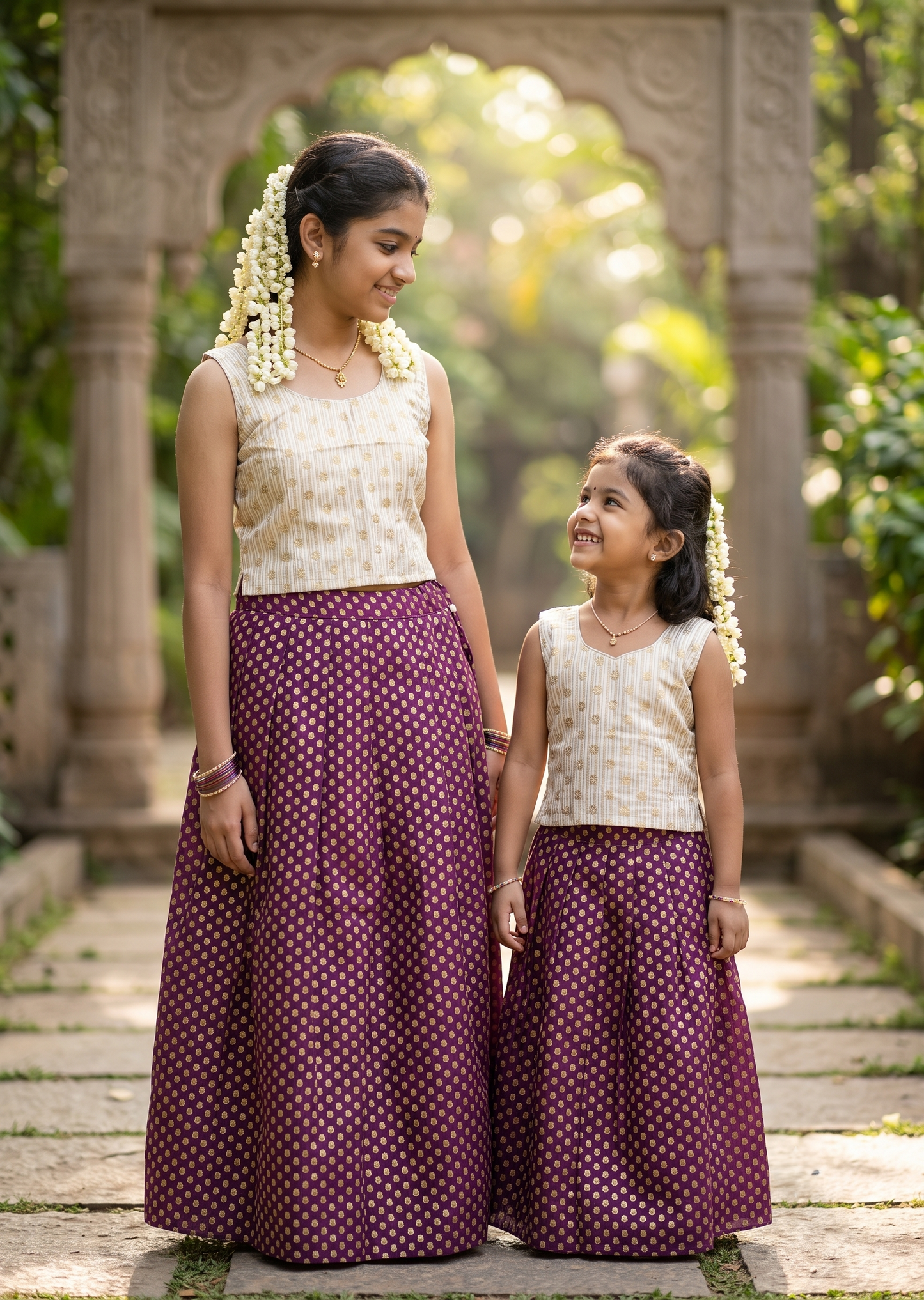 Southloom Kerala Cotton Kasavu Pavada Blouse In Purple for Kids SL587