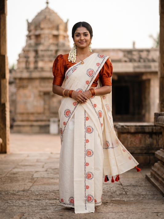 Southloom Kerala Cotton Single Set Mundu (Mundum Neriyathum) with Dark Orange &Black Lotus Block Printed Design