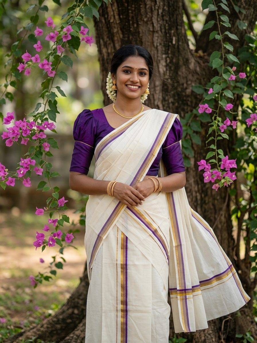 Pure Cotton Kerala Single Set Mundu (Mundum Neriyathum) with Violet Kasavu Border in 2.80 Mtrs