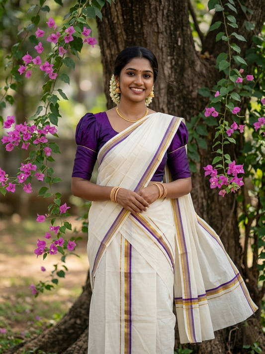 Pure Cotton Kerala Single Set Mundu (Mundum Neriyathum) with Violet Kasavu Border in 2.80 Mtrs SL394