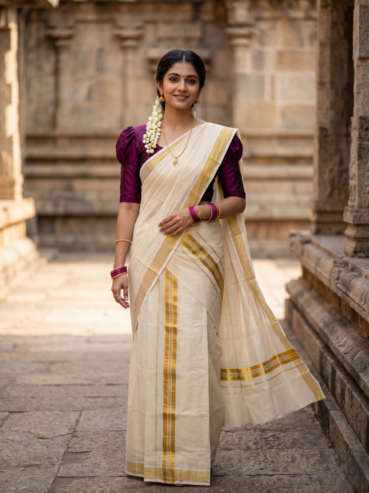 Southloom Kerala Tissue Single Set Mundu (Mundum Neriyathum) with Kasavu Border