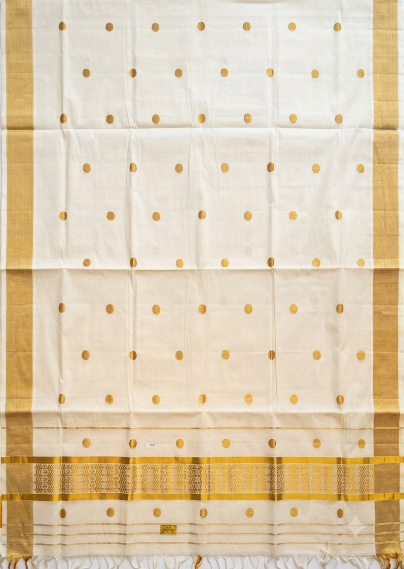 Southloom Kerala Cotton Handloom Balaramapuram Saree With Gold Polka Dot Design On Body SL635