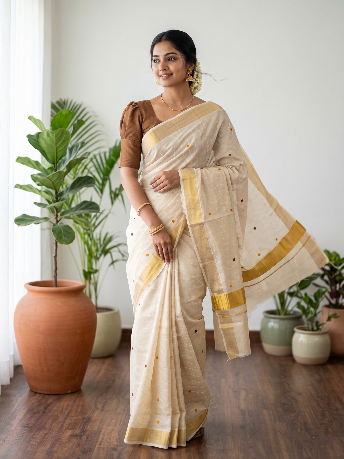 Southloom Kerala Tissue Kasavu Saree with Yellow and Maroom Polka with Embroidery Works