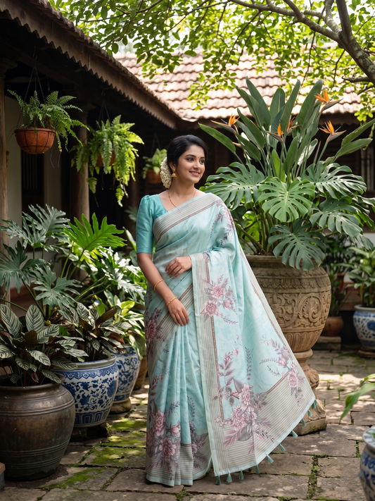 Southloom Designer Colour Saree with Floral Woven Works Across Body in Blue