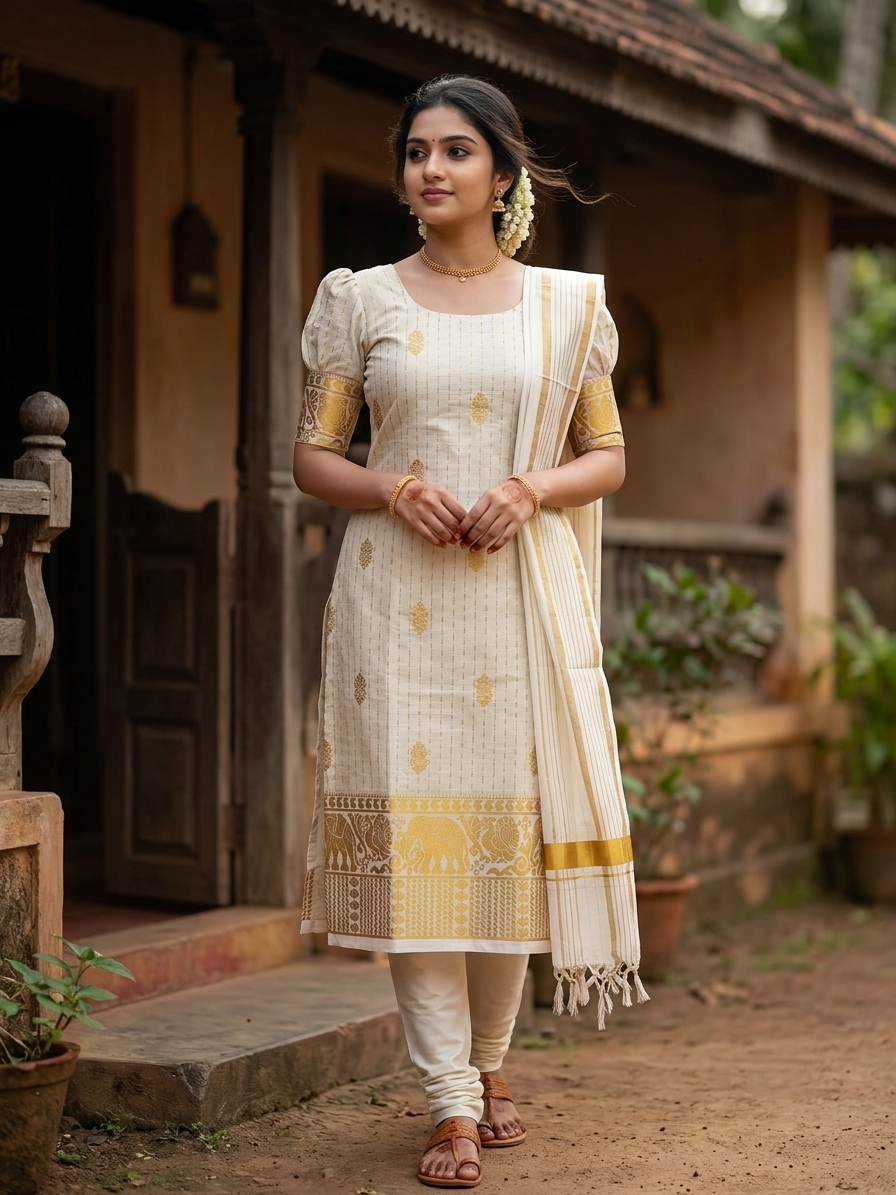 Southloom Kerala Tissue Churidar Salwar Material with Woven Work  (include Shawl / Dupatta)
