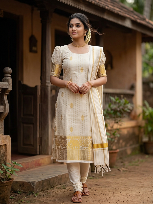 Southloom Kerala Tissue Churidar Salwar Material with Woven Work  (include Shawl / Dupatta) SL601