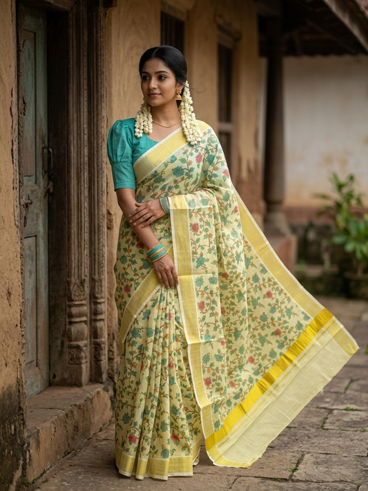 Kerala Tissue Kasavu Check Saree with Blue Floral Kalamkari Design