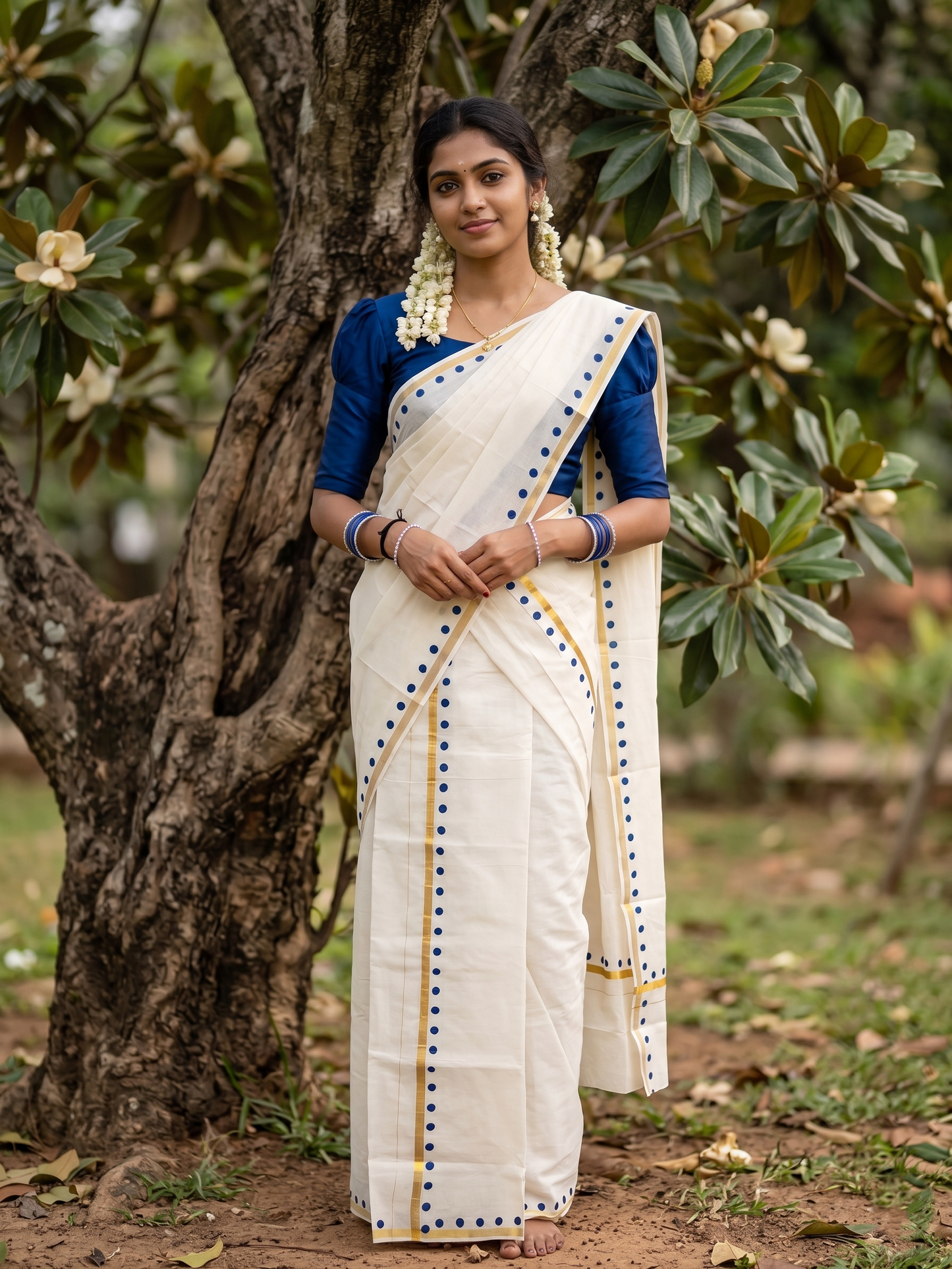Southloom Pure Cotton Kerala Single Set Mundu (Mundum Neriyathum) with Polka Dots in Blue 2.80 Mtrs