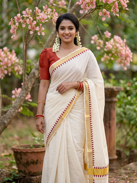 Southloom Cotton Kerala Kasavu Saree with Brike Red Temple Design Border