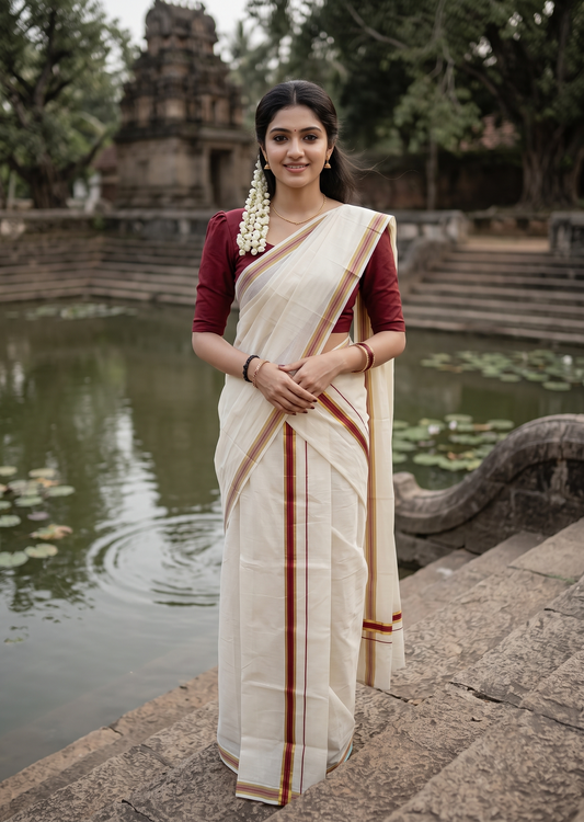 Southloom Pure Cotton Kerala Single Set Mundu (Mundum Neriyathum) with Maroon and Kasavu Border 2.80 Mtrs SLKK