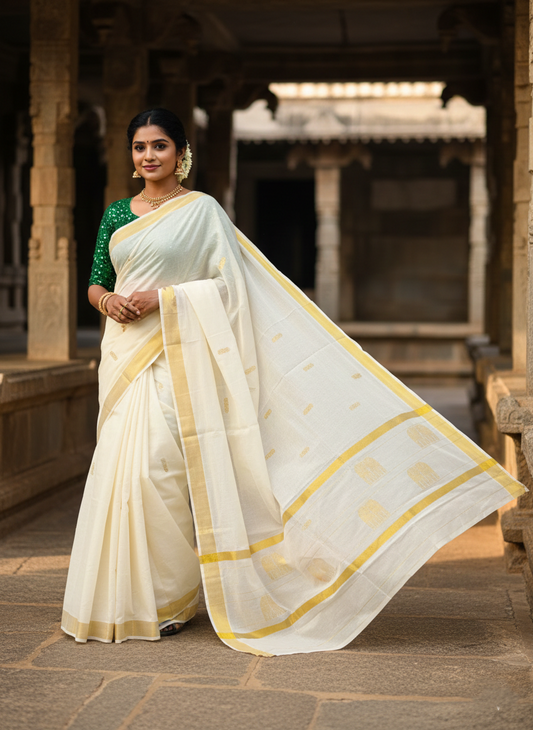 Southloom Pure Cotton Kerala Kasavu Saree with Elephant Woven Work SL368