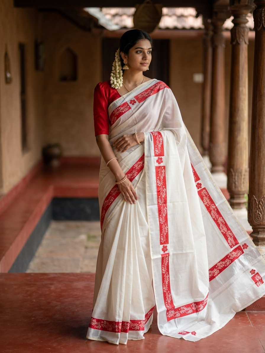 Kerala Silver Tissue Kasavu Saree with Red Floral Block Prints and Silver Border