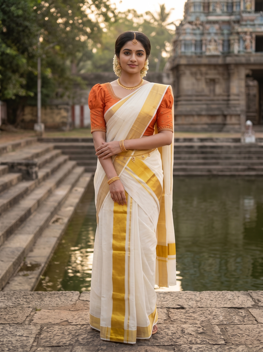 Southloom Premium Cotton Handloom Set Mundu with Chuttikara Kasavu And 4 Inch Golden Border (2.80 Mtr) SL617