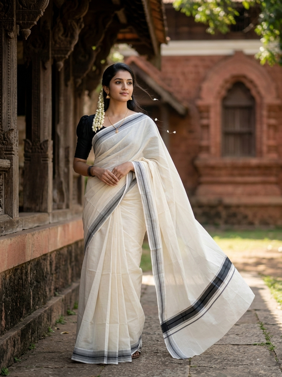 Pure Cotton Kerala Saree with Silver Kasavu and Black Border