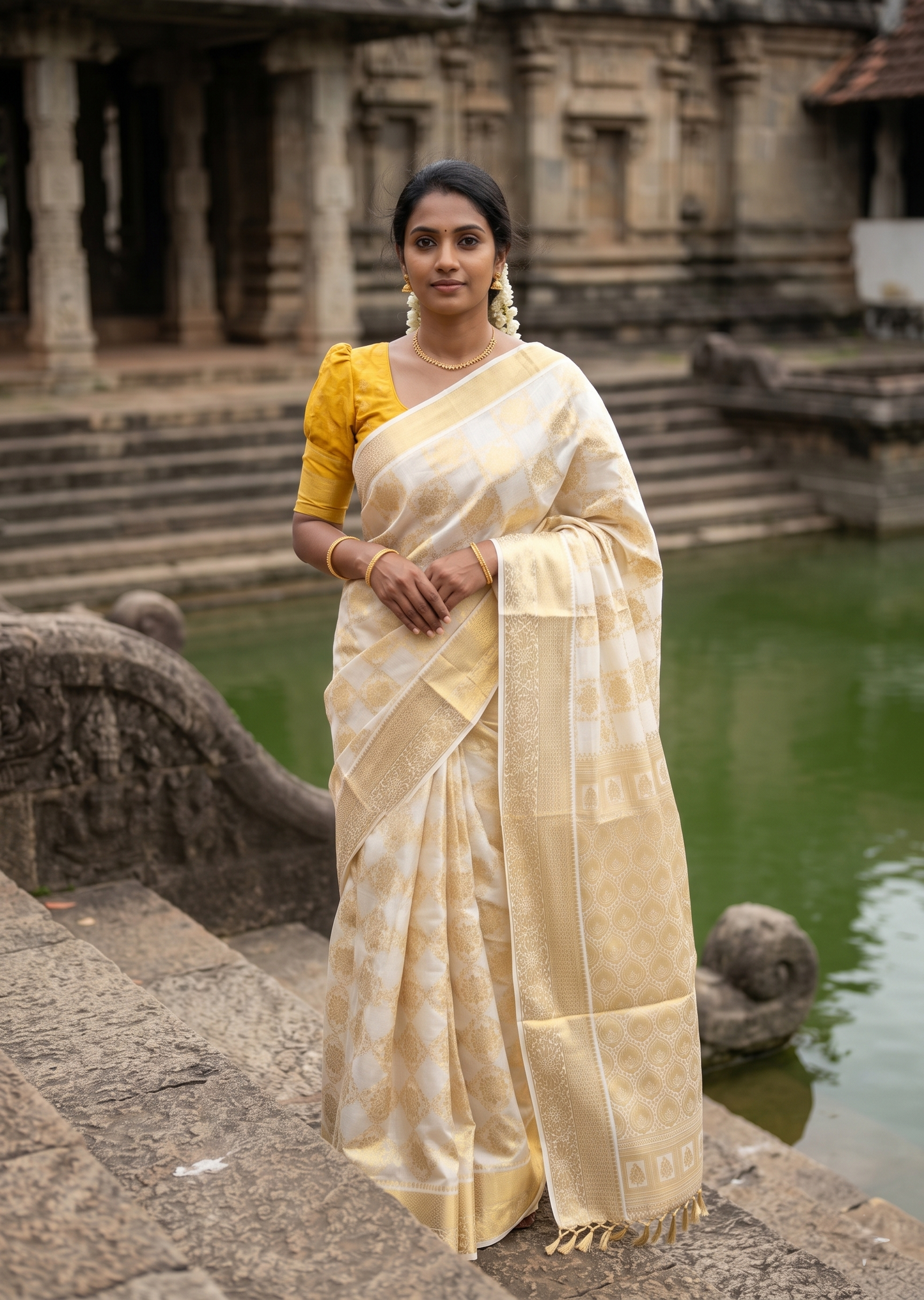 Southloom Pure Cotton Kerala Kasavu Heavy Work Saree with Floral Woven Design on Body and Temple Border SL485