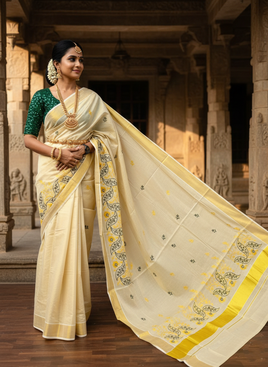 Southloom Tissue Kasavu Saree with Yellow and Green Embroidery Work