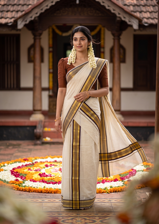 Kerala Cotton Set Mundu (Mundum Neriyathum) with Brown and Kasavu Border SLKK SL522