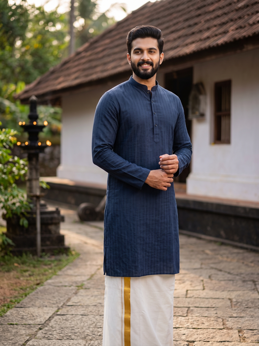 Southloom Blue Woven Semi Silk Short Kurta for Men SL590