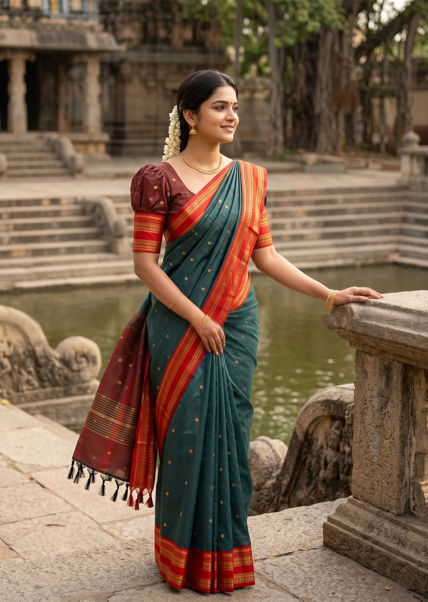 Southloom Semi Silk Narayan Pett Saree with Butta Works Across Body in Dark Green