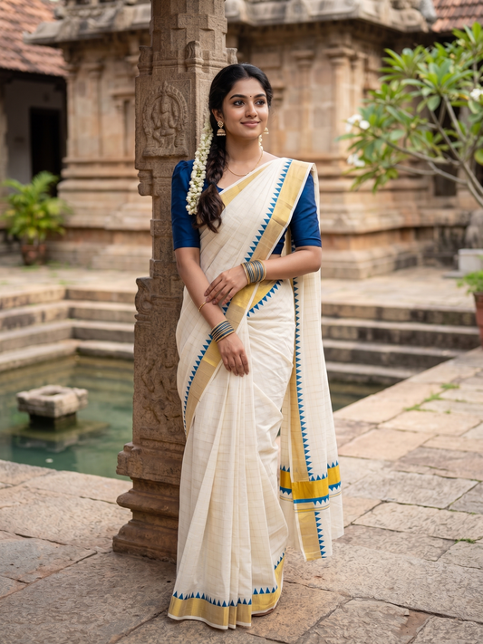 Southloom Cotton Kerala Kasavu Check Saree with Blue Temple Design Border