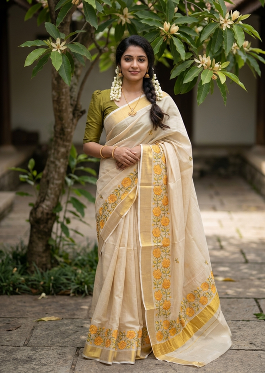 Southloom Tissue Kerala Kasavu Saree with Olive Green & Yellow Floral Embroidery Designs on Body in Border