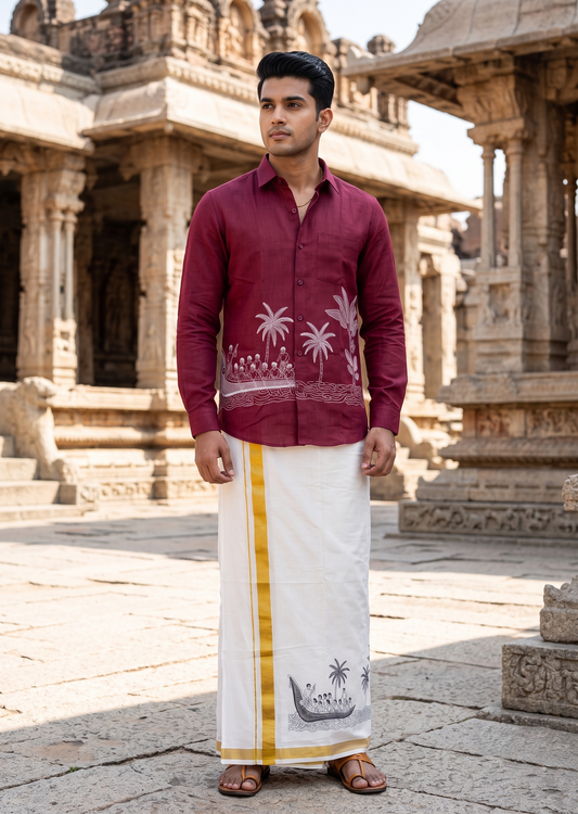 Southloom Linen Cotton Onam Embroidery Design Men's Combo In Maroon (Shirt + Mundu) SLCOMBO SL555