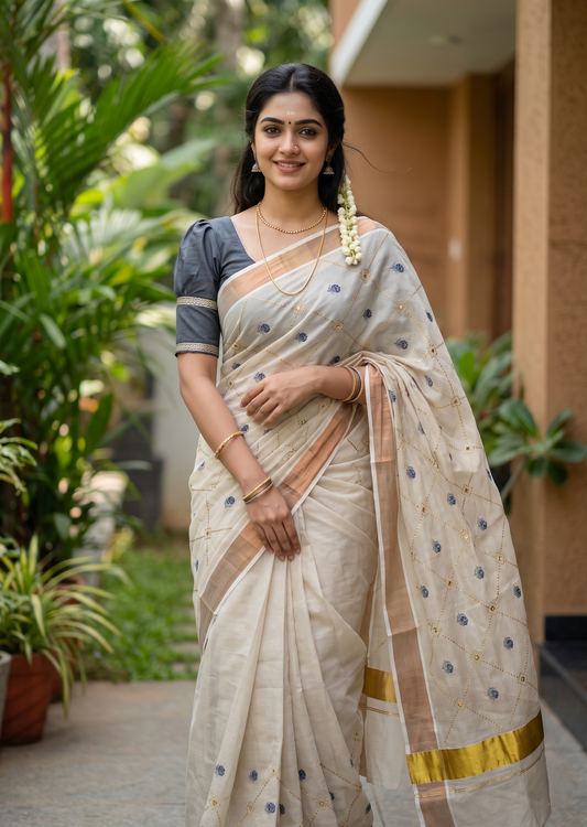 Southloom Kerala Tissue Kasavu Saree with Floral Embroidery Work on Body in Gray