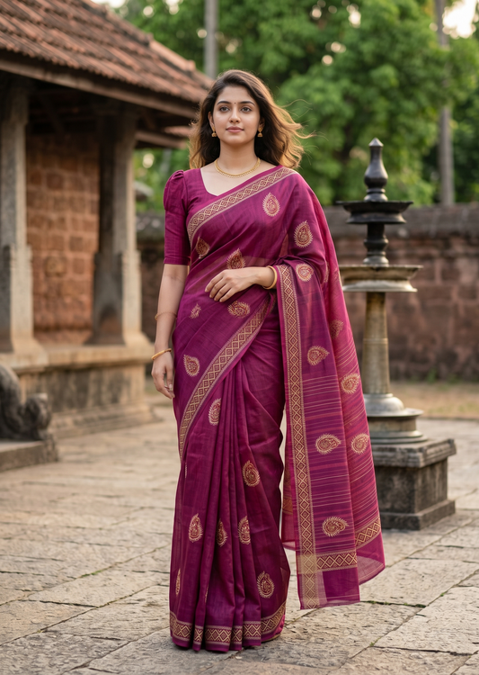 Southloom Muslin Cotton Saree With Floral Prints on the Body and Borders