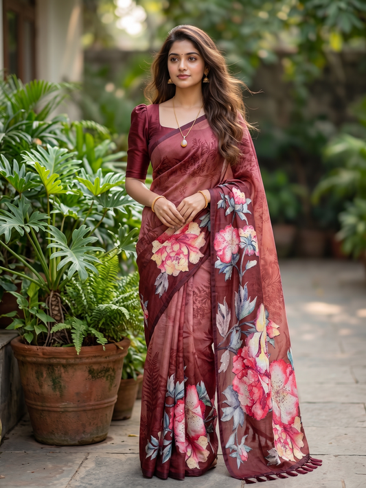 Southloom Designer Colour Saree with Floral Woven Works Across Body in Meroon