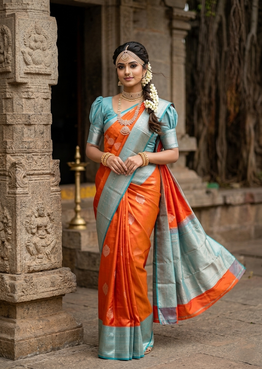Southloom Premium Bridal Handloom Kanchipuram Silk Saree With Butta Works (Orange & Blue)