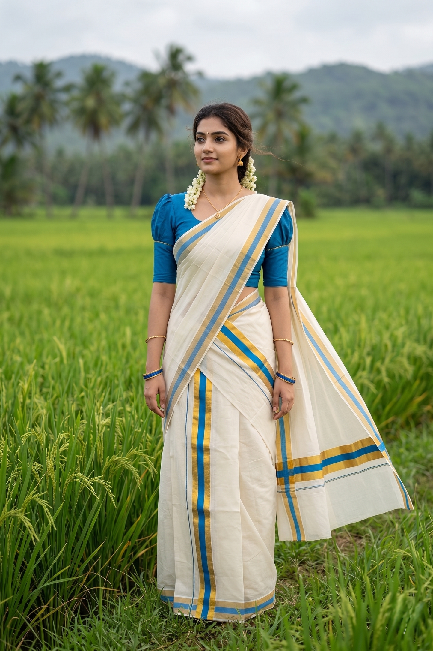 Southloom Kerala Cotton Mundum Neriyathum Single (Set Mundu) with Blue and Kasavu Border 2.80 Mtrs SLKK