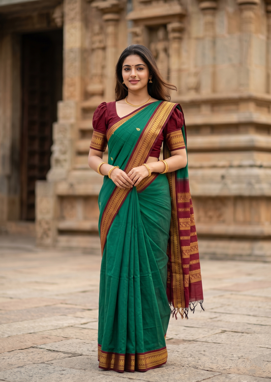 Southloom Kalyani Cotton Saree In Green And Maroon With Woven Work on the Body and Borders