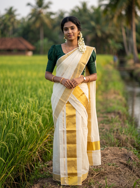 Kerala Cotton Plain Single Set Mundu (Mundum Neriyathum) with Half Fine 4 inch Border in 2.80 Mtrs