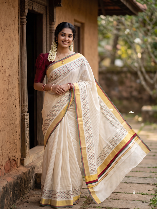 Southloom Kerala Cotton Kasavu Saree with Micro Stripes And Floral Design on Body In Red & Black Border SL357