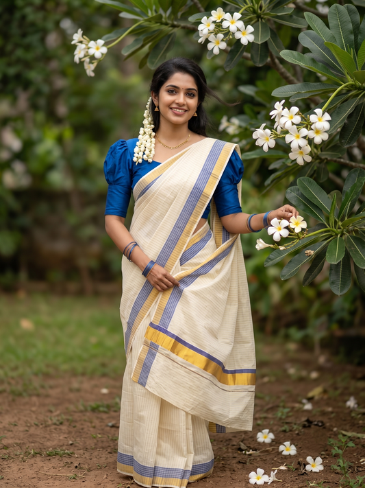 Southloom Pure Cotton Kerala Kasavu Lines Design Saree with Blue Border