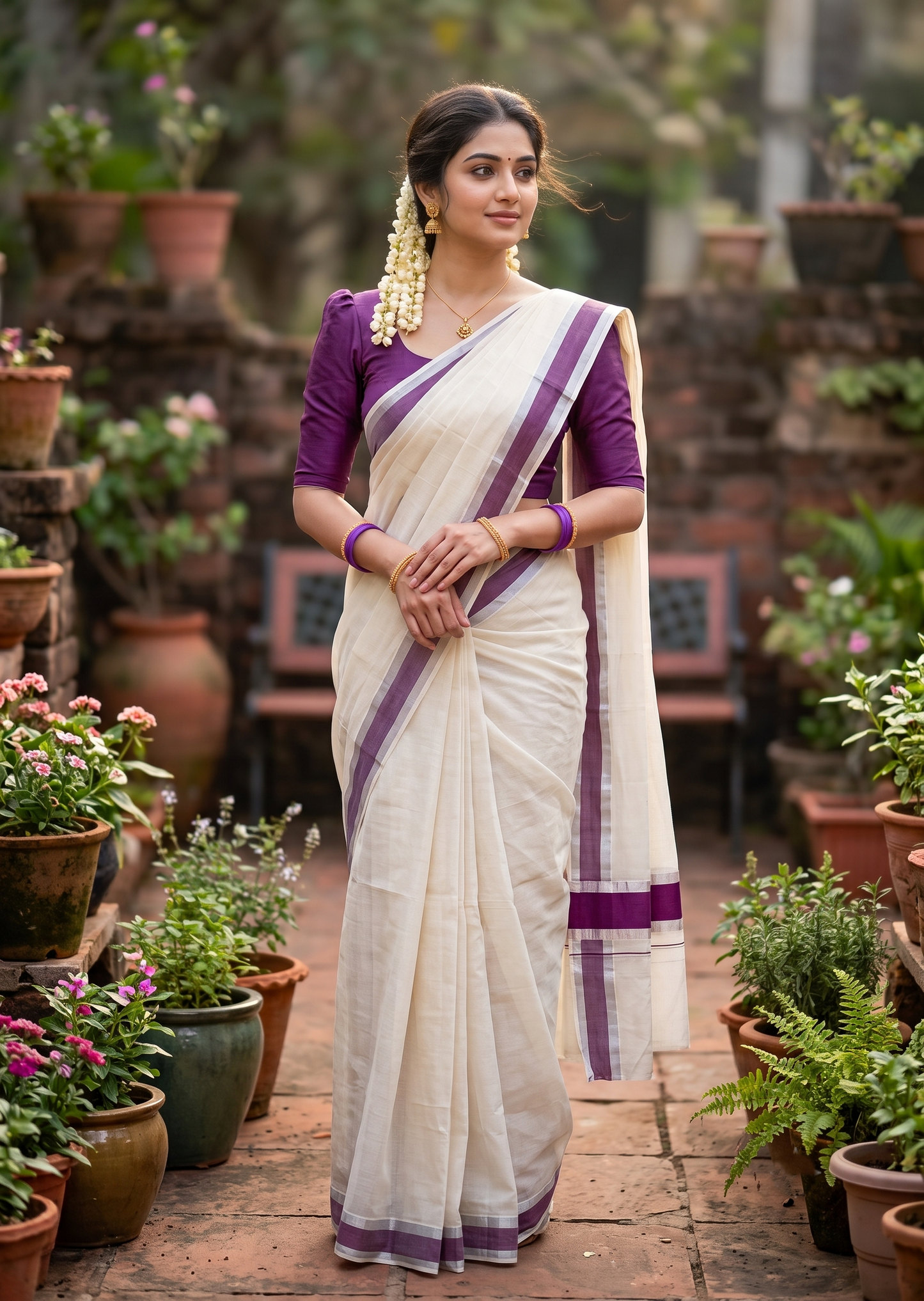 Kerala Pure Cotton Plain Saree with Silver Kasavu and Purple Border