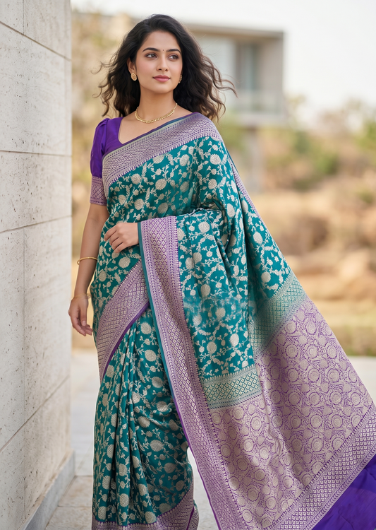 Southloom Pure Banarasi Silk Saree with Woven Work on Body and Borders (Peacock Green Blue And Magenta)