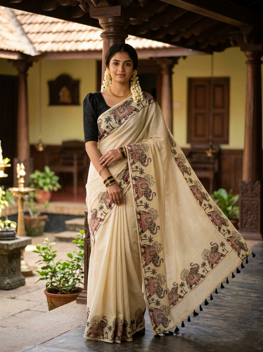 Southloom Kerala Tissue Kasavu Saree With Elephant Design on Borders