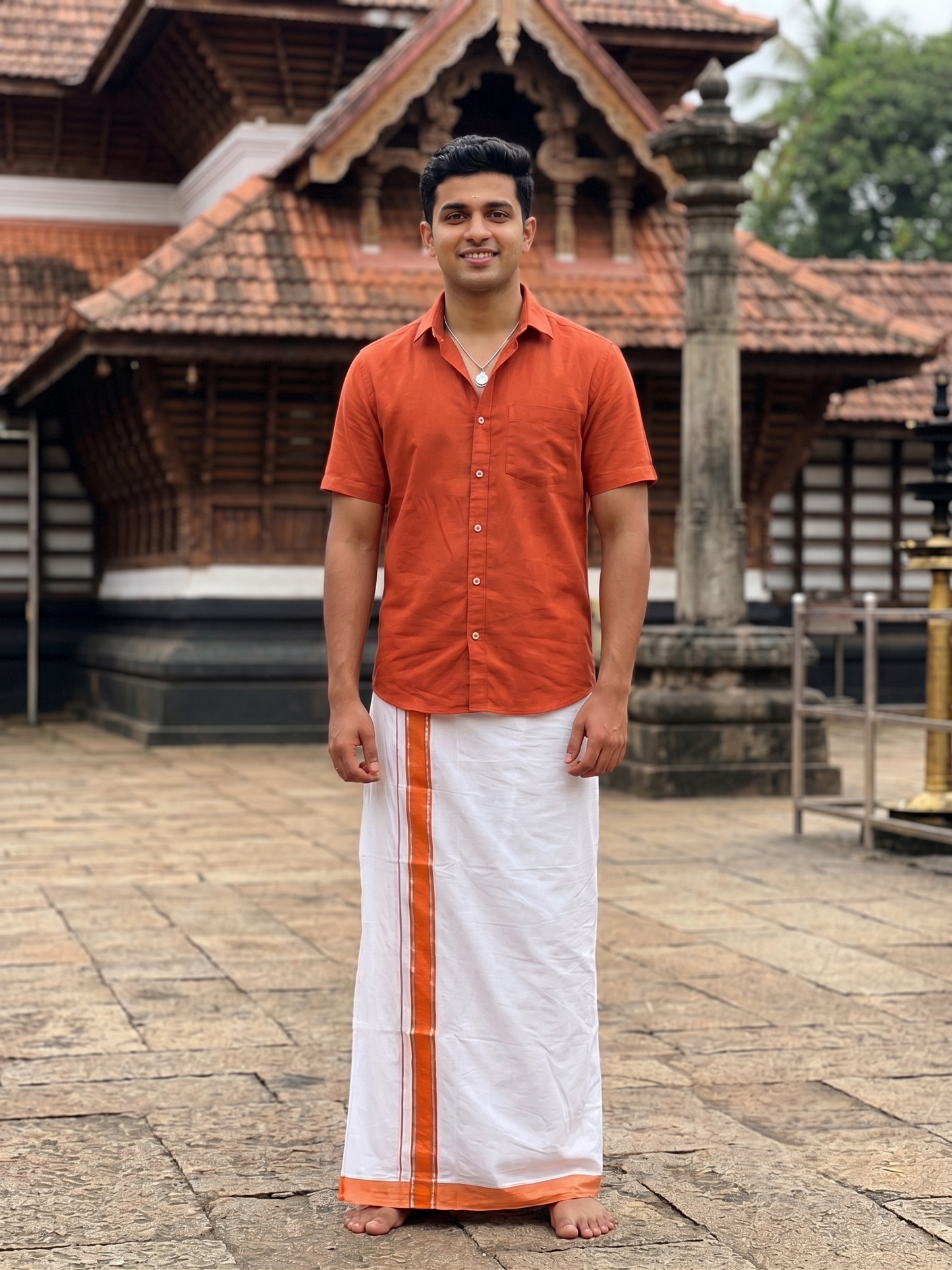Southloom Pure Cotton Mundu with Silver Lines and Orange Border (South Indian Kerala Dhoti)