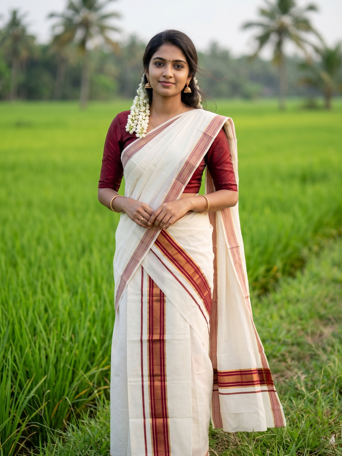 Southloom Kerala Cotton  Set Mundu (Mundum Neriyathum) with Kasavu and Maroon Border 2.80Mtrs