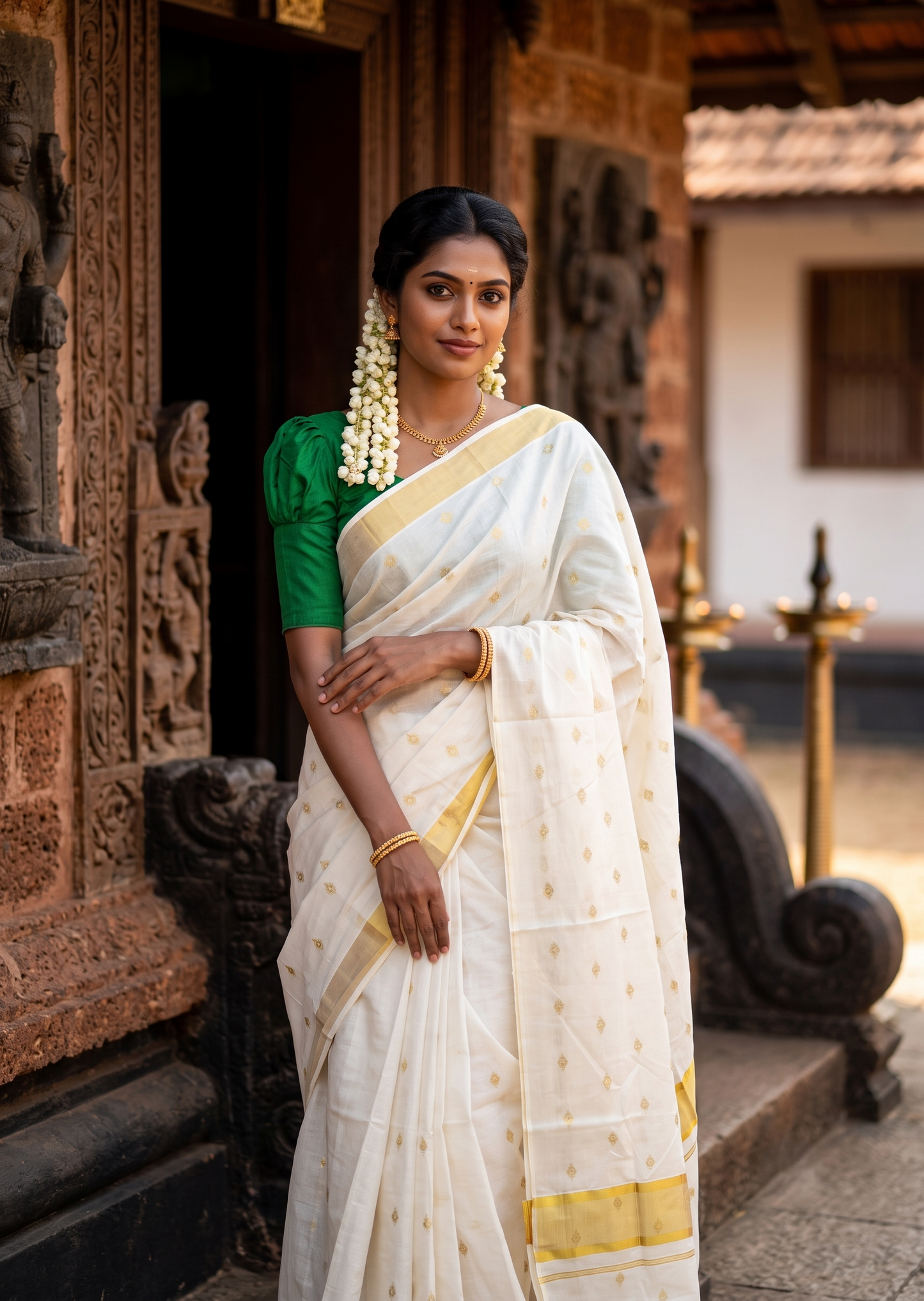 Southloom Cotton Kerala Kasavu Saree with Butta Works on Body