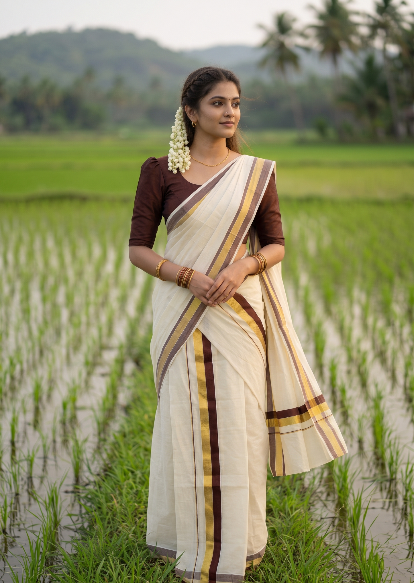 Southloom Kerala Cotton Set Mundu (Mundum Neriyathum) with Brown and Kasavu Border 2.80 Mtrs SLKK